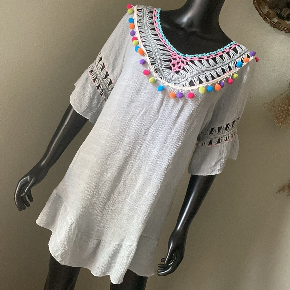 India Boutique Light Blue Tunic with Multicolor Pom-Poms